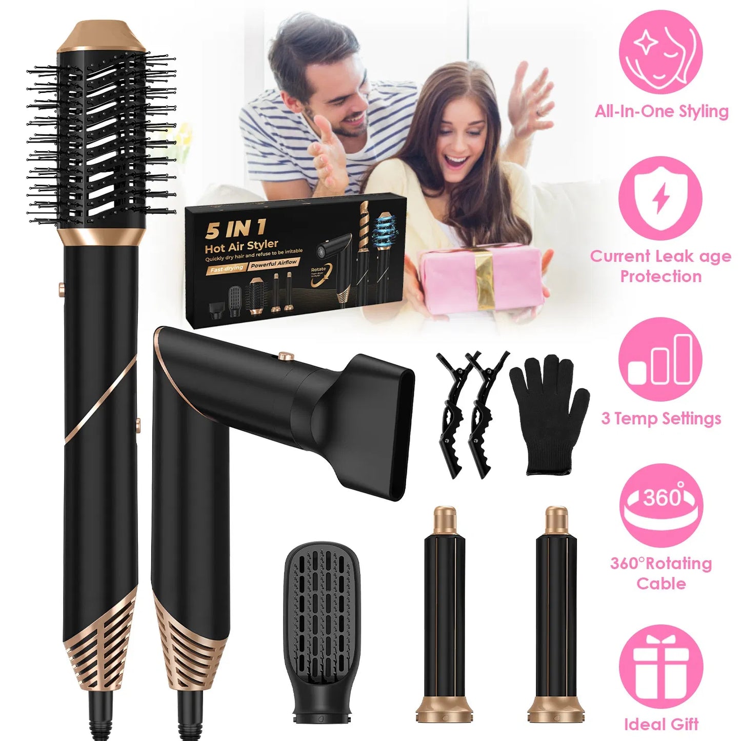 5 In 1 Hot Air Styler Straightener Curler Dryer Automatic Wrap Styler Hair Dryer Brush Set With 3 Temp Settings ALCI Plug Glove Cable Tie 2 Alligator Hair Clips GPCT5395