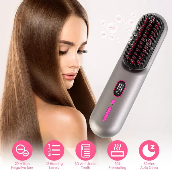 Cordless Negative Ion Hair Straightener Brush Rechargeable Mini Styling Comb With 12 Heating Levels Anti-scald 30S Preheating 30Mins Auto Sleep LCD Display