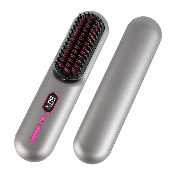 Cordless Negative Ion Hair Straightener Brush Rechargeable Mini Styling Comb With 12 Heating Levels Anti-scald 30S Preheating 30Mins Auto Sleep LCD Display