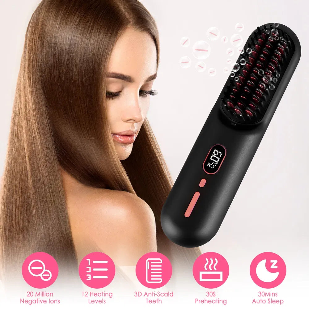 Cordless Negative Ion Hair Straightener Brush Rechargeable Mini Styling Comb With 12 Heating Levels Anti-scald 30S Preheating 30Mins Auto Sleep LCD Display