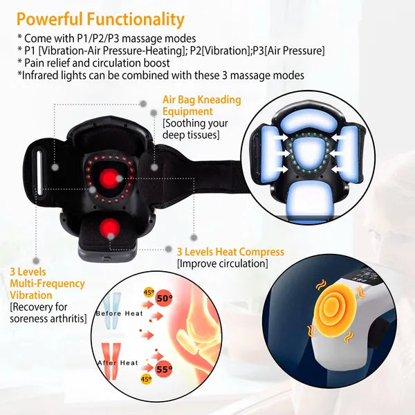 Electric Rechargeable Knee Massager Infrared Heat Pain Relief Therapy Knee Brace Wrap With Air Pressure Kneading Timer Temperature Adjustment