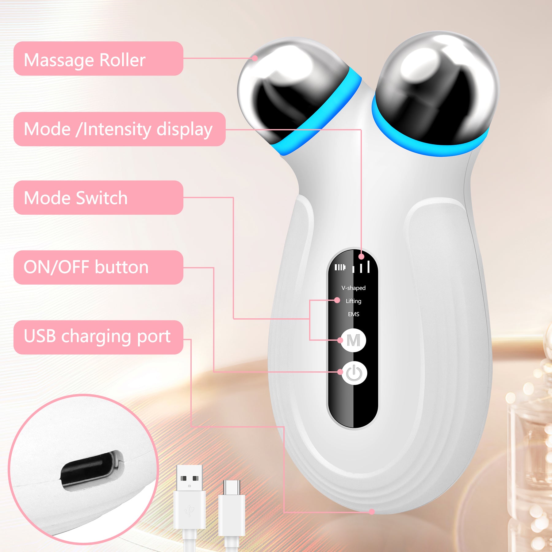 Anti Aging And Wrinkles Microcurrent Facial Device, Boost Skin Care Products Absorption - White