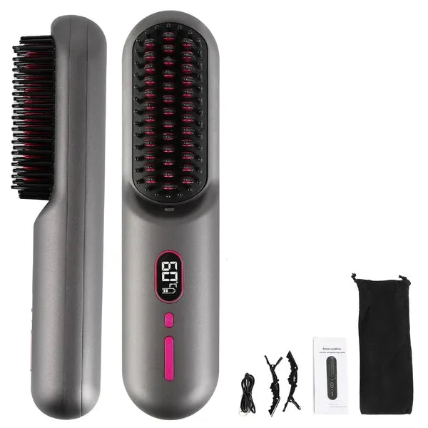 Cordless Negative Ion Hair Straightener Brush Rechargeable Mini Styling Comb With 12 Heating Levels Anti-scald 30S Preheating 30Mins Auto Sleep LCD Display